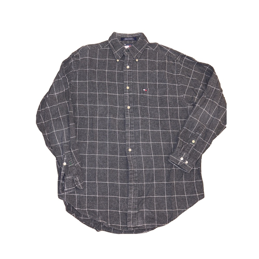 Tommy Hilfiger Flannel Shirt Mens Size Medium Plaid Long Sleeves Button Up‎ Gray